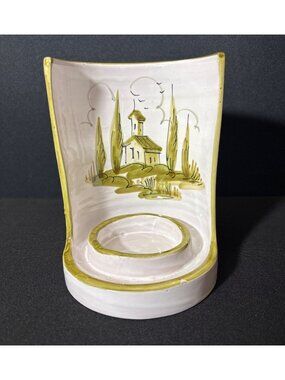 Candle Holder Chamberstick Signed Italy # 2568 Green Painted House with Trees